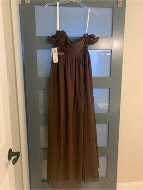 Azazie Bridesmaid Saige Ganache Brown Off-Shoulder Chiffon Maxi Dress